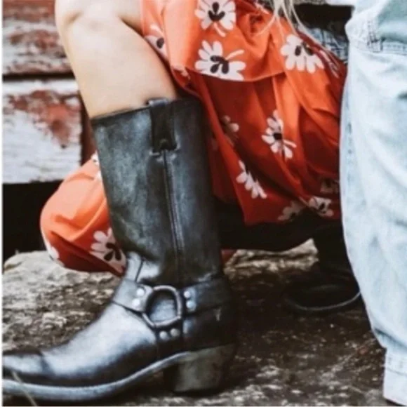 $495 Frye Harness Black Biker Square Toe Metallic Glitter Cowboy Boots - Picture 3 of 16